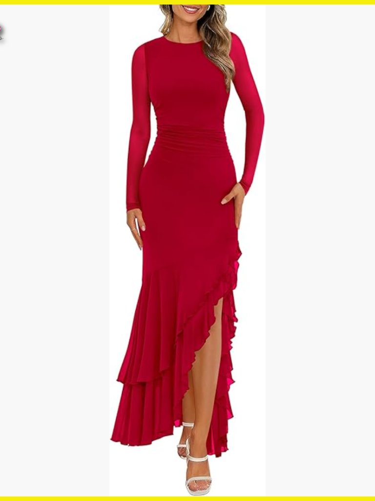 Long Sleeve Ruched Bodycon Maxi Dress Elegant Cocktail Wedding Guest